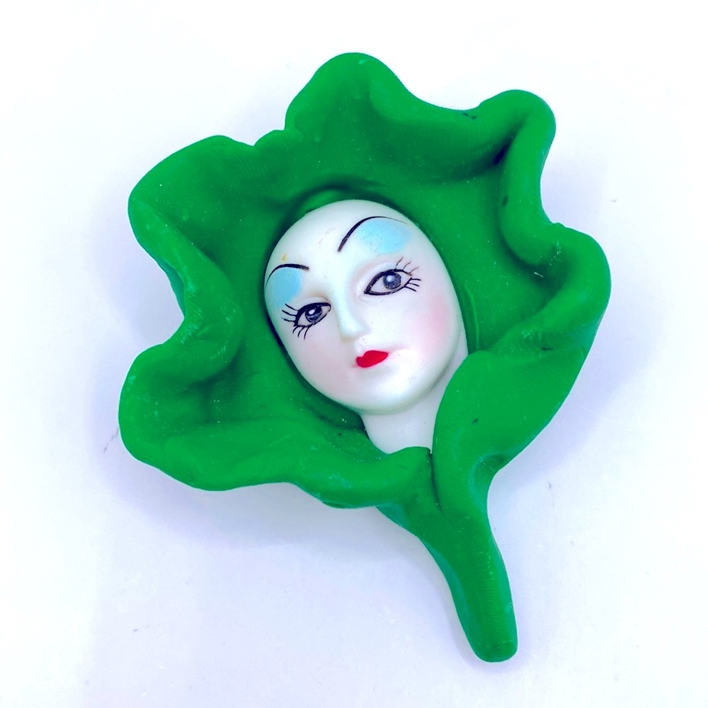 Vintage Lady Face In Flower Petal Brooch